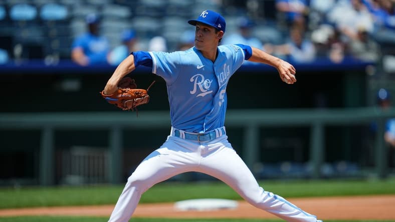 May 28, 2023; Kansas City, Missouri, USA; Kansas City Royals starting pitcher Daniel Lynch (52) pitches during the first inning against the Washington Nationals at Kauffman Stadium. Mandatory Credit: Jay Biggerstaff-USA TODAY Sports