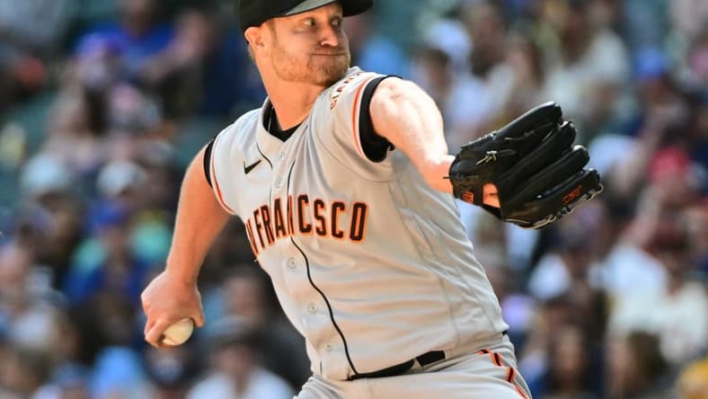 May 28, 2023; Milwaukee, Wisconsin, USA; San Francisco Giants pitcher Alex Cobb (38) pitches against the Milwaukee Brewers in the fourth inning at American Family Field. Mandatory Credit: Benny Sieu-USA TODAY Sports