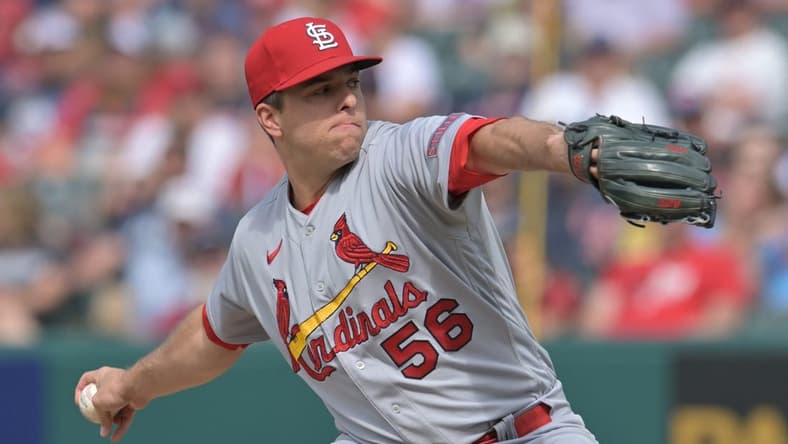 May 28, 2023; Cleveland, Ohio, USA; St. Louis Cardinals relief pitcher Ryan Helsley (56) throws a pitch during the ninth inning against the Cleveland Guardians at Progressive Field. Mandatory Credit: Ken Blaze-USA TODAY Sports