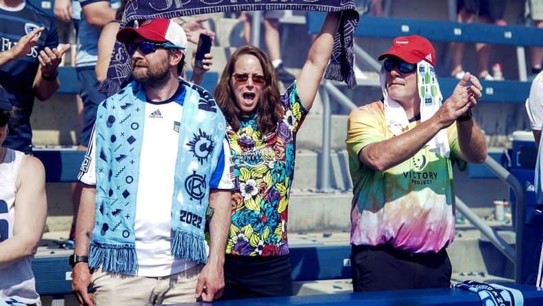 May 28, 2023; Kansas City, Kansas, USA; Sporting Kansas City fans celebrate after defeating the Portland Timbers at Children's Mercy Park. Mandatory Credit: Denny Medley-USA TODAY Sports