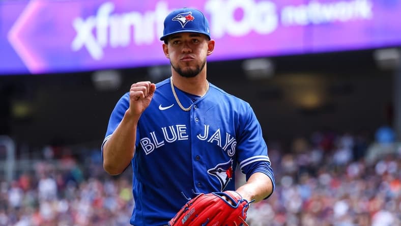 May 28, 2023; Minneapolis, Minnesota, USA; Toronto Blue Jays starting pitcher Jose Berrios (17) reacts after coming out of the game in the sixth inning against the Minnesota Twins at Target Field. Mandatory Credit: Matt Krohn-USA TODAY Sports
