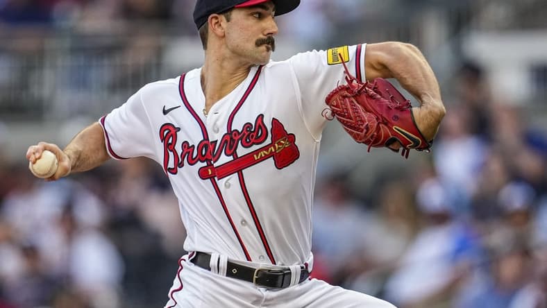 May 28, 2023; Cumberland, Georgia, USA; Atlanta Braves starting pitcher Spencer Strider (99) pitches Philadelphia Phillies during the first inning at Truist Park. Mandatory Credit: Dale Zanine-USA TODAY Sports