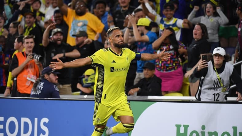May 28, 2023; Nashville, Tennessee, USA; Nashville SC midfielder Hany Mukhtar (10) celebrates after scoring a goal against the Columbus Crew during the second half at Geodis Park. Mandatory Credit: Christopher Hanewinckel-USA TODAY Sports
