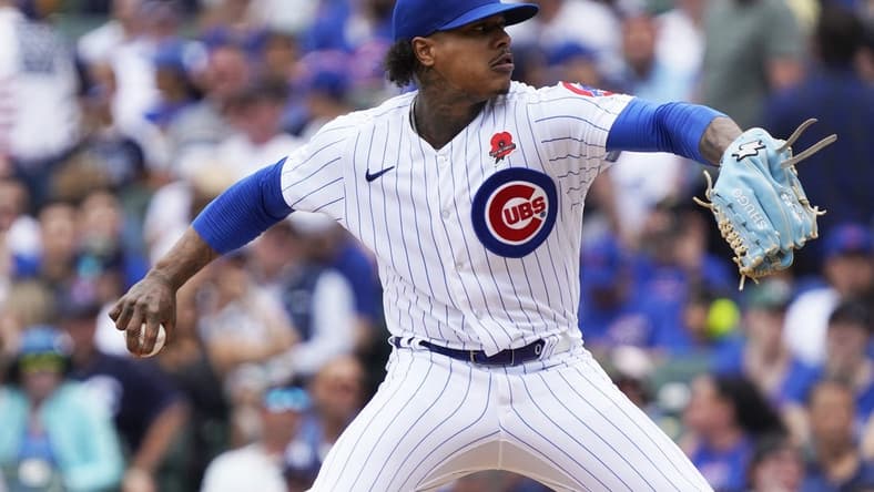 May 29, 2023; Chicago, Illinois, USA; Chicago Cubs starting pitcher Marcus Stroman (0) throws the ball against the Tampa Bay Rays during the first inning at Wrigley Field. Mandatory Credit: David Banks-USA TODAY Sports