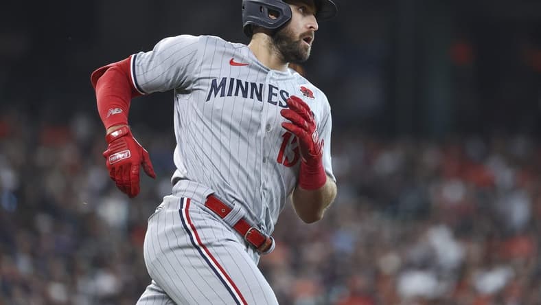 May 29, 2023; Houston, Texas, USA; Minnesota Twins first baseman Joey Gallo (13) runs to first base on a single during the first inning against the Houston Astros at Minute Maid Park. Mandatory Credit: Troy Taormina-USA TODAY Sports
