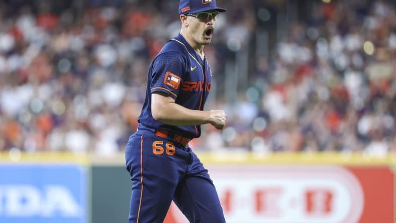 May 29, 2023; Houston, Texas, USA; Houston Astros starting pitcher J.P. France (68) reacts after a play during the second inning against the Minnesota Twins at Minute Maid Park. Mandatory Credit: Troy Taormina-USA TODAY Sports