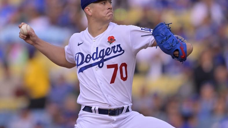 May 29, 2023; Los Angeles, California, USA;  Los Angeles Dodgers starting pitcher Bobby Miller (70) throws to the plate in the first inning against the Washington Nationals at Dodger Stadium. Mandatory Credit: Jayne Kamin-Oncea-USA TODAY Sports