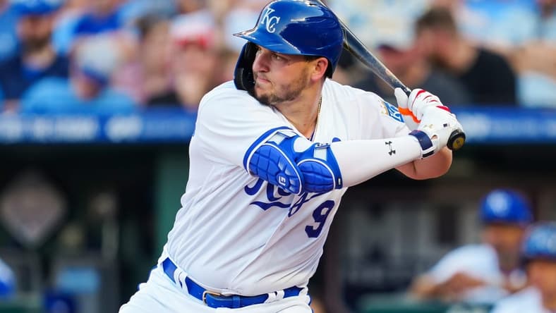 May 6, 2023; Kansas City, Missouri, USA; Kansas City Royals first baseman Vinnie Pasquantino (9) bats during the first inning against the Oakland Athletics at Kauffman Stadium. Mandatory Credit: Jay Biggerstaff-USA TODAY Sports