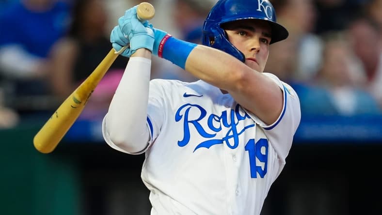 May 6, 2023; Kansas City, Missouri, USA; Kansas City Royals second baseman Michael Massey (19) bats during the fifth inning against the Oakland Athletics at Kauffman Stadium. Mandatory Credit: Jay Biggerstaff-USA TODAY Sports