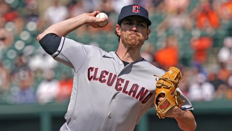 May 31, 2023; Baltimore, Maryland, USA; Cleveland Guardians pitcher Shane Bieber (57) delivers in the first inning against the Baltimore Orioles at Oriole Park at Camden Yards. Mandatory Credit: Mitch Stringer-USA TODAY Sports