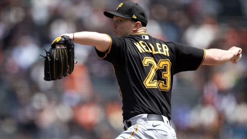 May 31, 2023; San Francisco, California, USA; Pittsburgh Pirates starting pitcher Mitch Keller (23) delivers a pitch against the San Francisco Giants during the first inning at Oracle Park. Mandatory Credit: D. Ross Cameron-USA TODAY Sports