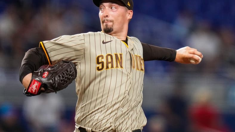 May 31, 2023; Miami, Florida, USA; San Diego Padres starting pitcher Blake Snell (4) throws a pitch against the Miami Marlins during the first inning at loanDepot Park. Mandatory Credit: Rich Storry-USA TODAY Sports