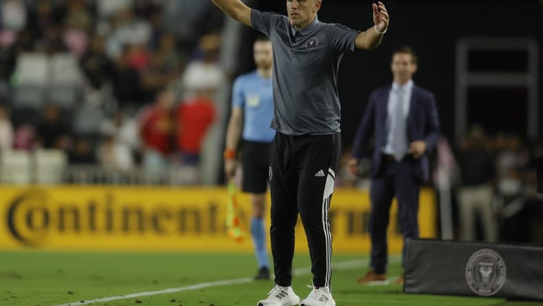 May 31, 2023; Fort Lauderdale, Florida, USA; Inter Miami head coach Phil Neville in action against the New York Red Bulls at DRV PNK Stadium. Mandatory Credit: Sam Navarro-USA TODAY Sports