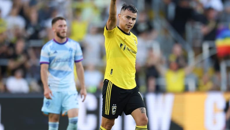 May 31, 2023; Columbus, Ohio, USA; Columbus Crew midfielder Lucas Zelarayan (10) celebrates scoring a goal against the Colorado Rapids at Lower.com Field. Mandatory Credit: Trevor Ruszkowski-USA TODAY Sports