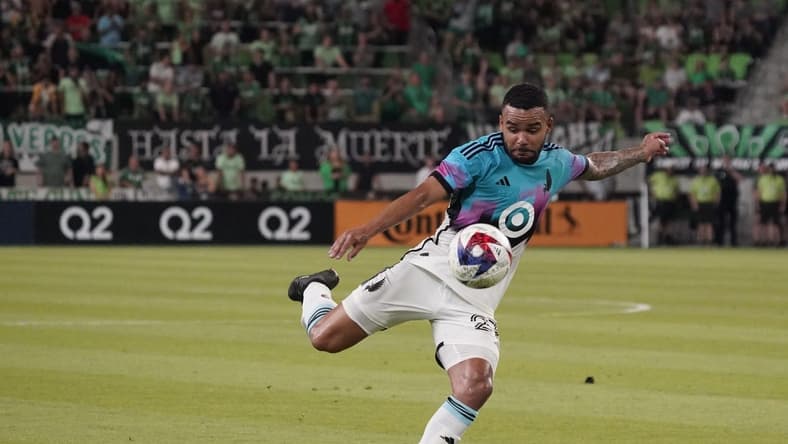 May 31, 2023; Austin, Texas, USA; Minnesota United defender D.J. Taylor (27) attempts a volley shot against the Austin FC during the second half at Q2 Stadium. Mandatory Credit: Scott Wachter-USA TODAY Sports