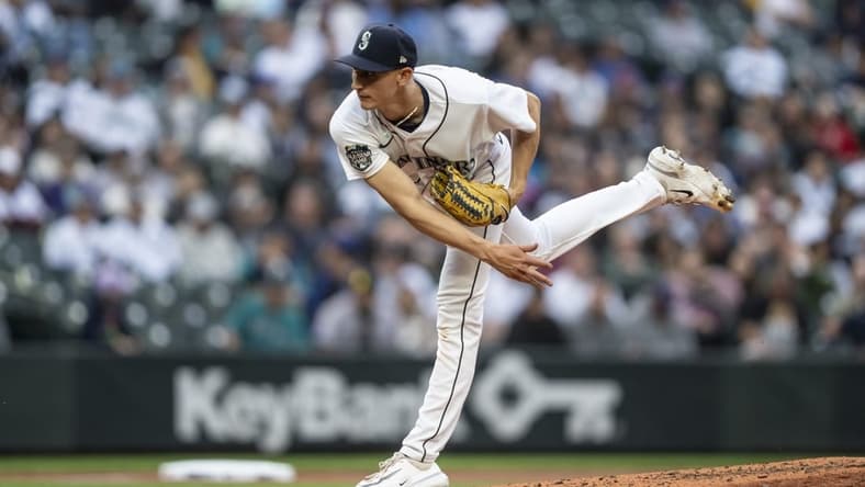 May 31, 2023; Seattle, Washington, USA; Seattle Mariners starter George Kirby (68) delivers a pitch during the fifth inning against the New York Yankees at T-Mobile Park. Mandatory Credit: Stephen Brashear-USA TODAY Sports