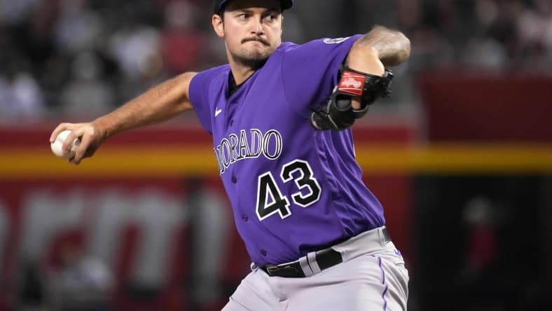 Jun 1, 2023; Phoenix, Arizona, USA; Colorado Rockies starting pitcher Connor Seabold (43) pitches against the Arizona Diamondbacks during the third inning at Chase Field. Mandatory Credit: Joe Camporeale-USA TODAY Sports