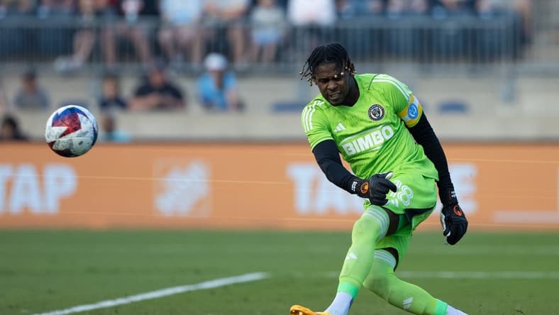 May 31, 2023; Philadelphia, Pennsylvania, USA; Philadelphia Union goalkeeper Andre Blake (18) in action against Charlotte FC during the first half at Subaru Park. Mandatory Credit: Bill Streicher-USA TODAY Sports