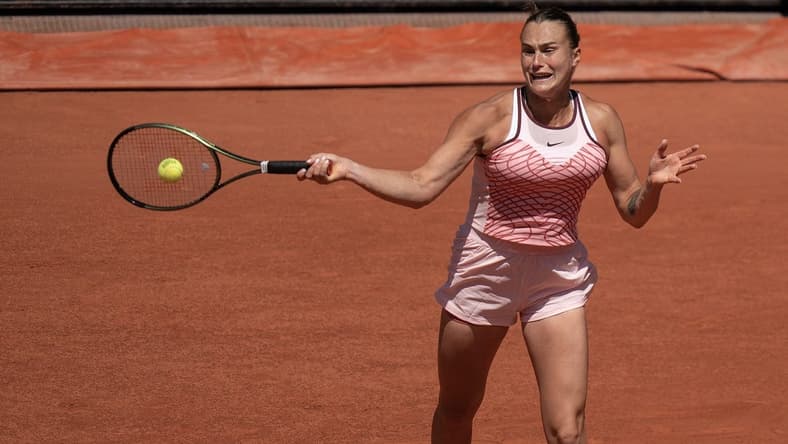 Jun 2, 2023; Paris,France; Aryna Sabalenka returns a shot during her match against Kamilla Rakhimova on day six at Stade Roland-Garros. Mandatory Credit: Susan Mullane-USA TODAY Sports
