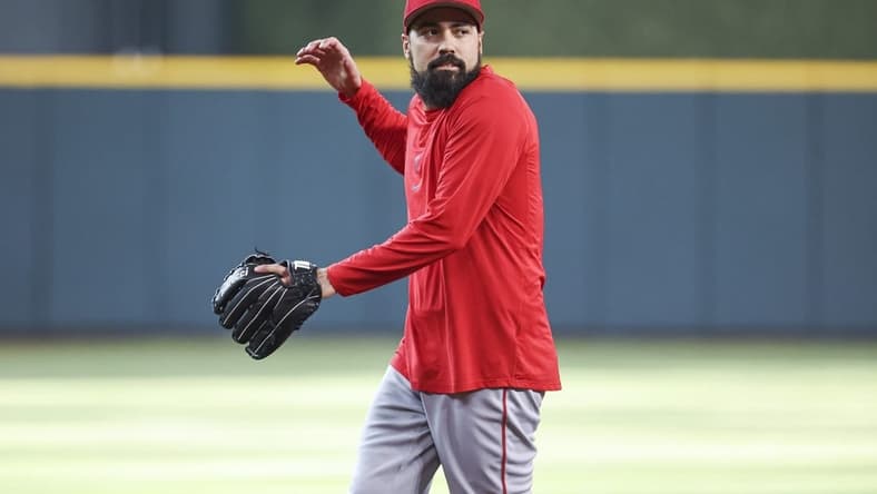 Jun 2, 2023; Houston, Texas, USA; Los Angeles Angels infielder Anthony Rendon during infield practice before the game against the Houston Astros at Minute Maid Park. Mandatory Credit: Troy Taormina-USA TODAY Sports