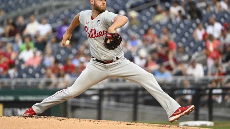Jun 2, 2023; Washington, District of Columbia, USA; Philadelphia Phillies starting pitcher Zack Wheeler (45) throws to the Washington Nationals during the first inning at Nationals Park. Mandatory Credit: Brad Mills-USA TODAY Sports