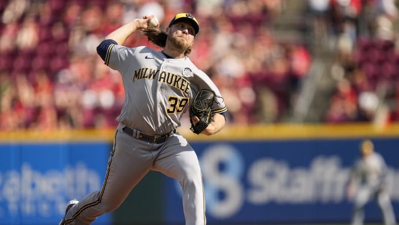 Jun 2, 2023; Cincinnati, Ohio, USA; Milwaukee Brewers starting pitcher Corbin Burnes (39) throws a pitch in the second inning of the MLB National League game between the Cincinnati Reds and the Milwaukee Brewers at Great American Ball Park. Mandatory Credit: Sam Greene-USA TODAY Sports