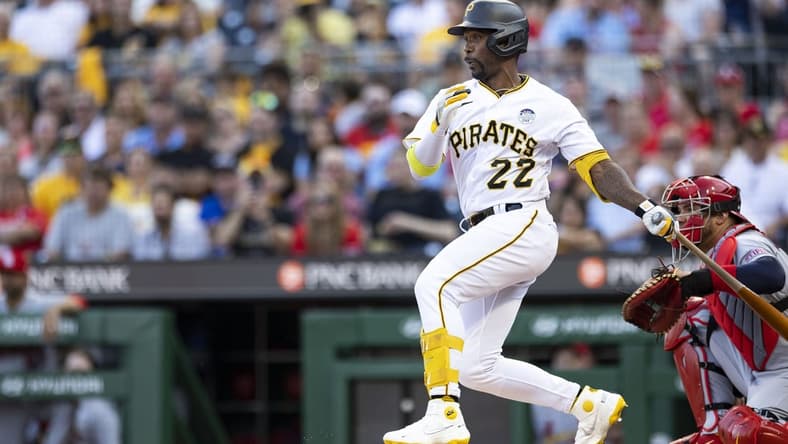 Jun 2, 2023; Pittsburgh, Pennsylvania, USA; Pittsburgh Pirates designated hitter Andrew McCutchen (22) hits a single against the St. Louis Cardinals during the first inning at PNC Park. Mandatory Credit: Scott Galvin-USA TODAY Sports