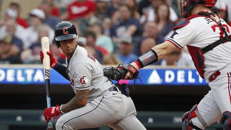 Jun 2, 2023; Minneapolis, Minnesota, USA; Minnesota Twins catcher Ryan Jeffers (27) tags out Cleveland Guardians shortstop Brayan Rocchio (6) after his third strike in the second inning at Target Field. Mandatory Credit: Bruce Kluckhohn-USA TODAY Sports