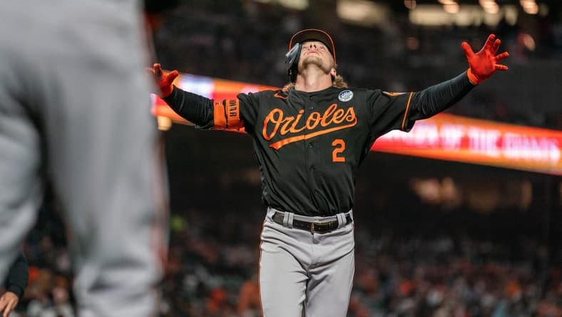 Jun 2, 2023; San Francisco, California, USA; Baltimore Orioles third baseman Gunnar Henderson (2) celebrates as he crosses home plate after hitting a solo home run during the seventh inning against the San Francisco Giants at Oracle Park. Mandatory Credit: Neville E. Guard-USA TODAY Sports