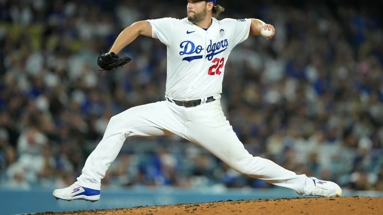 Jun 2, 2023; Los Angeles, California, USA; Los Angeles Dodgers starting pitcher Clayton Kershaw (22) throws in the sixth inning against the New York Yankees at Dodger Stadium. Mandatory Credit: Kirby Lee-USA TODAY Sports