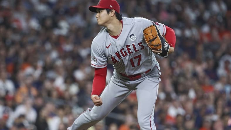 Jun 2, 2023; Houston, Texas, USA; Los Angeles Angels starting pitcher Shohei Ohtani (17) delivers a pitch during the game against the Houston Astros at Minute Maid Park. Mandatory Credit: Troy Taormina-USA TODAY Sports