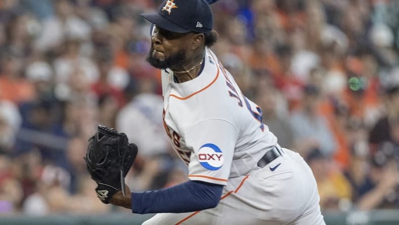 Jun 3, 2023; Houston, Texas, USA; Houston Astros starting pitcher Cristian Javier (53) pitches against the Los Angeles Angels in the first inning at Minute Maid Park. Mandatory Credit: Thomas Shea-USA TODAY Sports