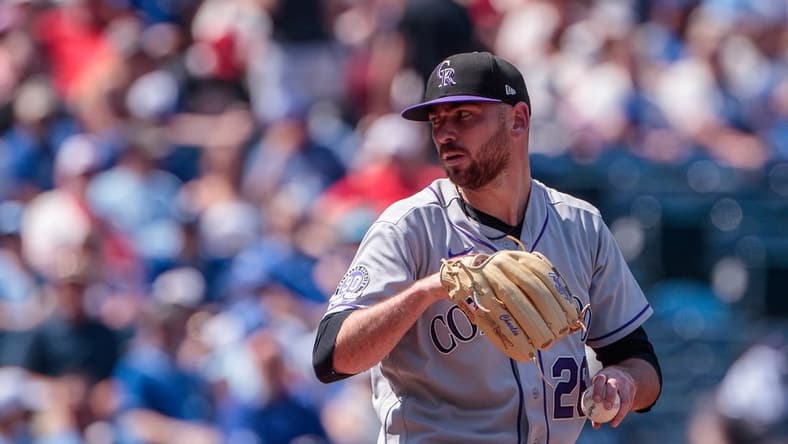 Jun 3, 2023; Kansas City, Missouri, USA;  Colorado Rockies starting pitcher Austin Gomber (26) pitches during the first inning against the Kansas City Royals at Kauffman Stadium. Mandatory Credit: William Purnell-USA TODAY Sports