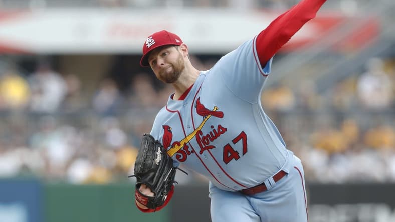 Jun 3, 2023; Pittsburgh, Pennsylvania, USA; St. Louis Cardinals starting pitcher Jordan Montgomery (47) delivers a pitch against the Pittsburgh Pirates during the first inning at PNC Park. Mandatory Credit: Charles LeClaire-USA TODAY Sports