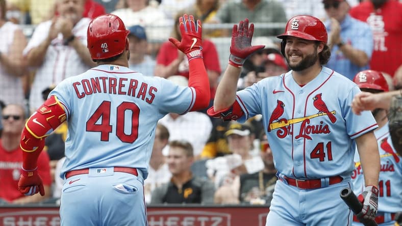 Jun 3, 2023; Pittsburgh, Pennsylvania, USA; St. Louis Cardinals St. Louis Cardinals designated hitter Alec Burleson (41) greets catcher Willson Contreras (40) crossing home plate after his solo home run against the Pittsburgh Pirates in the second inning at PNC Park. Mandatory Credit: Charles LeClaire-USA TODAY Sports