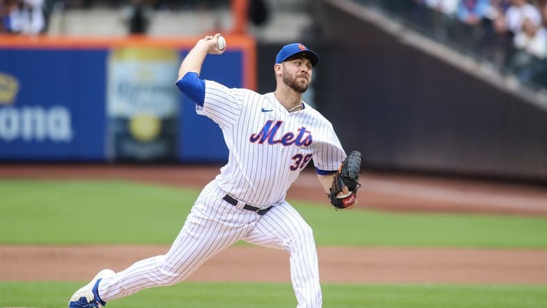 Jun 3, 2023; New York City, New York, USA; New York Mets starting pitcher Tylor Megill (38) pitches in the first inning against the Toronto Blue Jays at Citi Field. Mandatory Credit: Wendell Cruz-USA TODAY Sports
