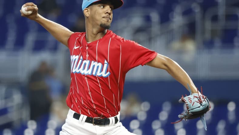 Jun 3, 2023; Miami, Florida, USA; Miami Marlins starting pitcher Eury Perez (39) pitches against the Oakland Athletics during the first inning at loanDepot Park. Mandatory Credit: Rhona Wise-USA TODAY Sports