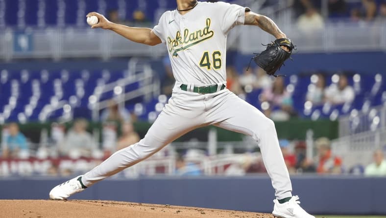 Jun 3, 2023; Miami, Florida, USA; Oakland Athletics starting pitcher Luis Medina (46) pitches against the Miami Marlins during the first inning at loanDepot Park. Mandatory Credit: Rhona Wise-USA TODAY Sports