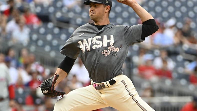 Jun 3, 2023; Washington, District of Columbia, USA; Washington Nationals starting pitcher MacKenzie Gore (1) throws to the Philadelphia Phillies during the first inning at Nationals Park. Mandatory Credit: Brad Mills-USA TODAY Sports