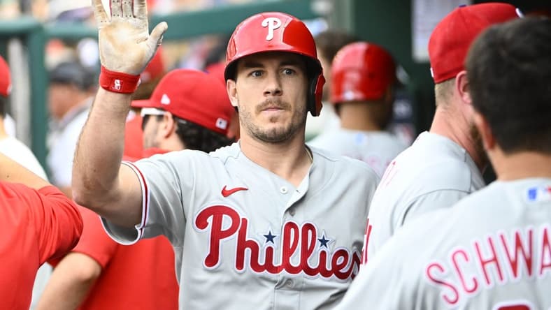 Jun 3, 2023; Washington, District of Columbia, USA; Philadelphia Phillies catcher J.T. Realmuto (10) is congratulated by teammates after hitting a home run against the Washington Nationals during the sixth inning at Nationals Park. Mandatory Credit: Brad Mills-USA TODAY Sports