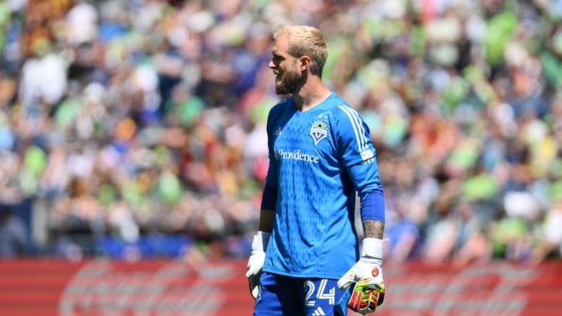 Jun 3, 2023; Seattle, WA, USA; Seattle Sounders goalkeeper Stefan Frei (24) in action against the Portland Timbers in a MLS game at Lumen Field. Mandatory Credit: Steven Bisig-USA TODAY Sports