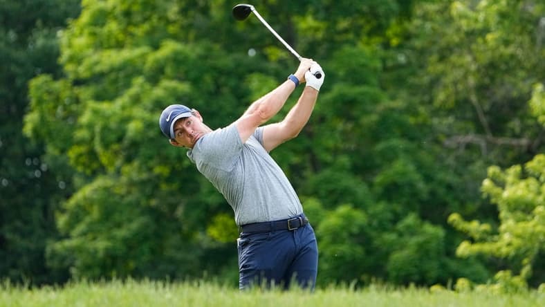 June 3, 2023; Dublin, Ohio, USA; Rory McIlroy tees off on 18 during the third round of the Memorial Tournament at Muirfield Village Golf Club.