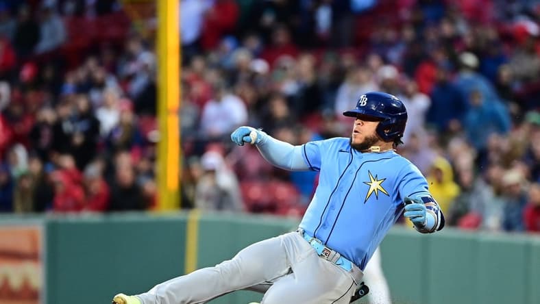 Jun 3, 2023; Boston, Massachusetts, USA; Tampa Bay Rays left fielder Harold Ramirez (43) slides into second base during the sixth inning against the Boston Red Sox at Fenway Park. Mandatory Credit: Eric Canha-USA TODAY Sports