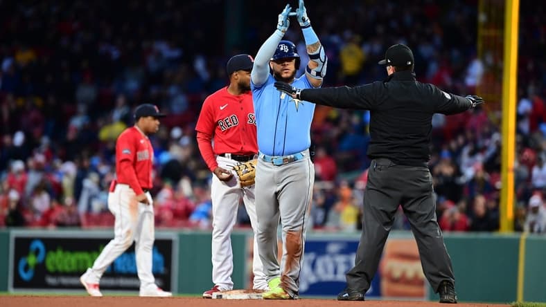 Jun 3, 2023; Boston, Massachusetts, USA; Tampa Bay Rays left fielder Harold Ramirez (43) reacts to being called safe at second base during the sixth inning against the Boston Red Sox at Fenway Park. Mandatory Credit: Eric Canha-USA TODAY Sports