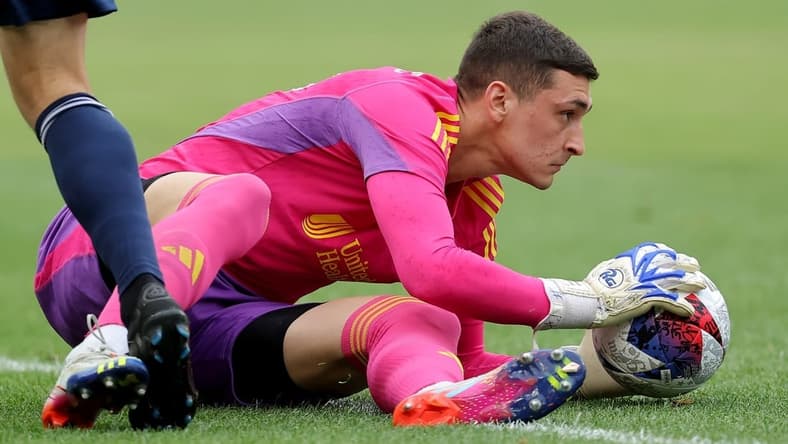 Jun 3, 2023; New York, New York, USA; New England Revolution goalkeeper Djordje Petrovic (99) controls the ball against New York City FC during the first half at Yankee Stadium. Mandatory Credit: Brad Penner-USA TODAY Sports