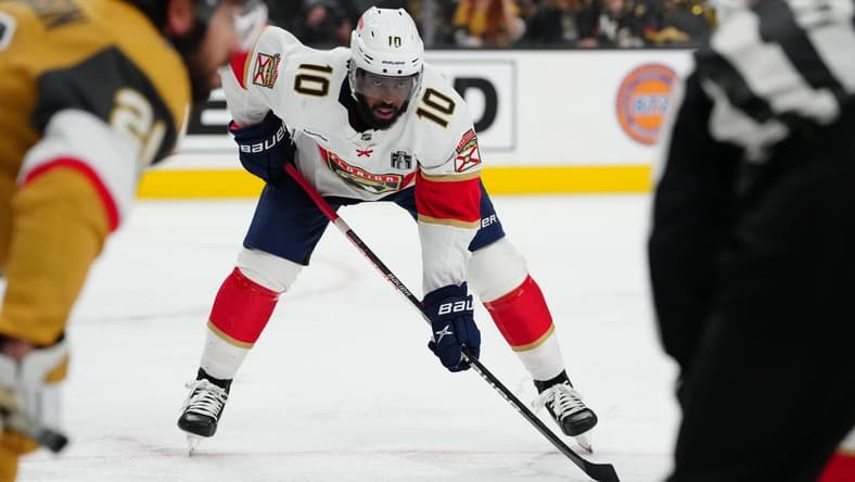 Jun 3, 2023; Las Vegas, Nevada, USA; Florida Panthers left wing Anthony Duclair (10) waits for a faceoff against the Vegas Golden Knights in the first period in game one of the 2023 Stanley Cup Final at T-Mobile Arena. Mandatory Credit: Stephen R. Sylvanie-USA TODAY Sports