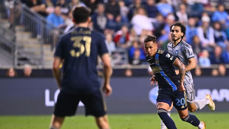 Jun 3, 2023; Philadelphia, Pennsylvania, USA; Philadelphia Union midfielder Jesus Bueno (20) passes the ball against CF Montreal during the first half at Subaru Park. Mandatory Credit: Kyle Ross-USA TODAY Sports