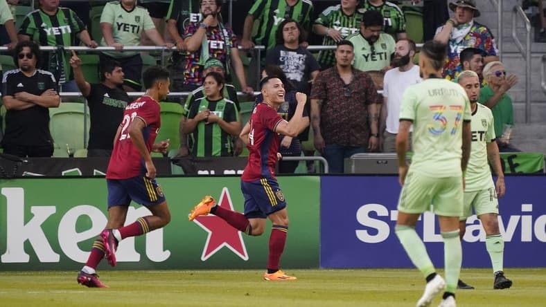 Jun 3, 2023; Austin, Texas, USA;  Real Salt Lake forward Rubio Rubin (14) celebrates after scoring a goal against the Austin FC in the first half at Q2 Stadium. Mandatory Credit: Scott Wachter-USA TODAY Sports