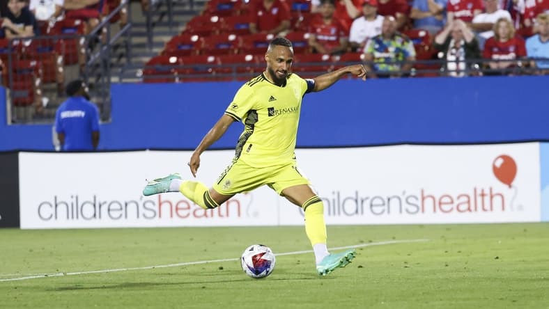 Jun 3, 2023; Frisco, Texas, USA;  Nashville SC midfielder Hany Mukhtar (10) scores a goal during the second half against FC Dallas at Toyota Stadium. Mandatory Credit: Kevin Jairaj-USA TODAY Sports