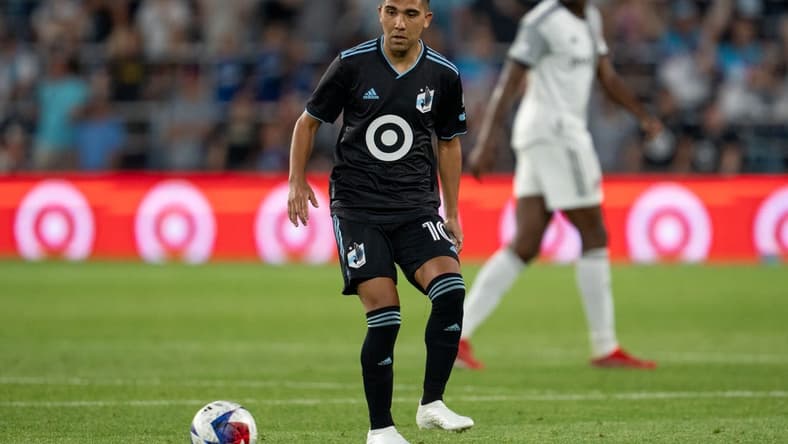 Jun 3, 2023; Saint Paul, Minnesota, USA; Minnesota United midfielder Emanuel Reynoso (10) returns to the team against Toronto FC in the second half at Allianz Field. Mandatory Credit: Matt Blewett-USA TODAY Sports
